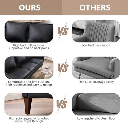 EBELLO 77” Mid Century Modern Sofa Couch, 3 Seater Faux Leather Couches for Living Room, Soft Padded Comfy Cushion, Small Sofa for Small Spaces, Apartment, Bedroom, Black