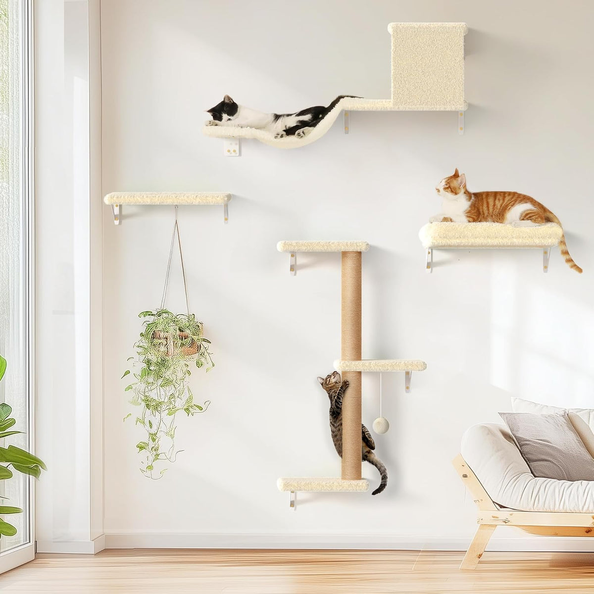 FUKUMARU Cat Wall Shelves, Stable & Safe 4 in 1 Large Cat Walls Furniture Set, Wooden Kitten Climbing Wall with Scratching Post for 16 Inch Drywall - Beige