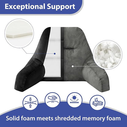 IASEAHK Reading Pillows for Sitting in Bed Adult, Back Pillow for Bed Sitting Up, Backrest Pillows with Shredded Foam for Adult&Teens, Support Pillow with Arms for Beds, Couch, Floor, 20in, Black
