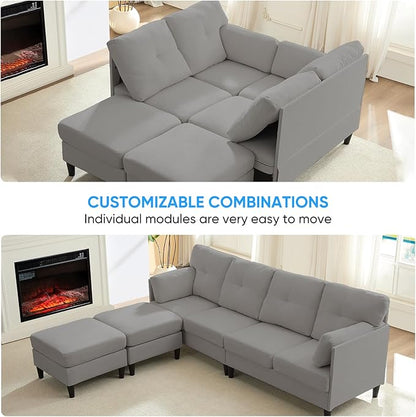 PUREMIND Sectional Home Sofa Living Room, Modern U-Shaped Sofa Couches with Double Chaise, Upholstered 4 Seater Sofa for Living Room, Apartment, Light Grey