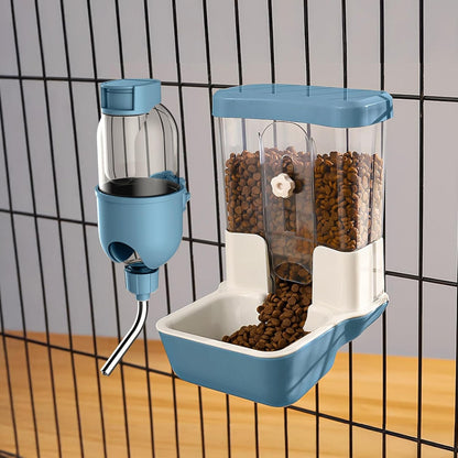 Automatic Pet Food Water Dispenser, Auto Gravity Pet Feeder Water Bottle Set for Crate Cage, Feeding Station for Small Dog Cat Rabbit Guinea Pigs Chinchilla Ferret Hedgehog (Blue)