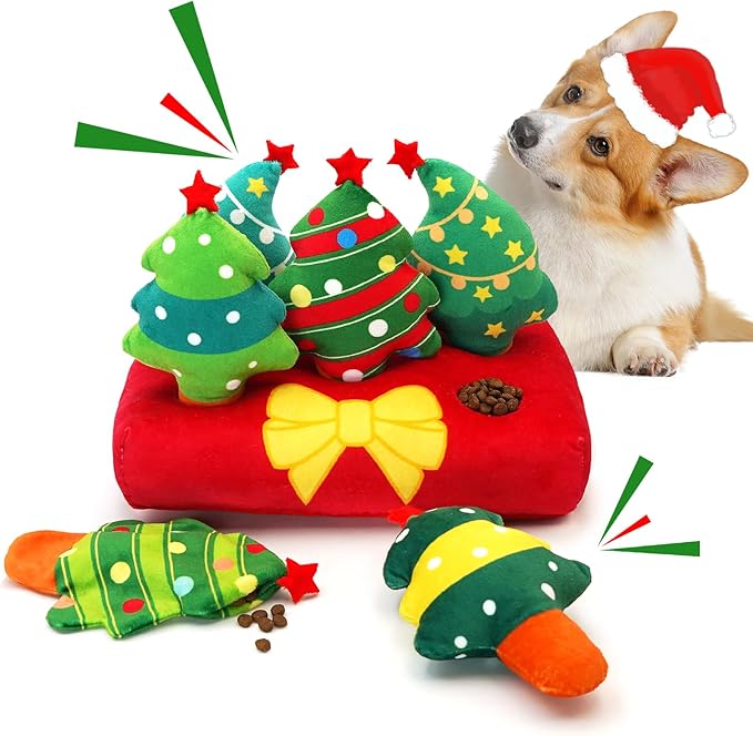 Christmas Hide and Seek Dog Toys, Squeaky Interactive Puzzle Dog Toys for Boredom and Stimulation, Dog Enrichment Toys for Small and Medium Dogs (Christmas Trees, Pack of 6)