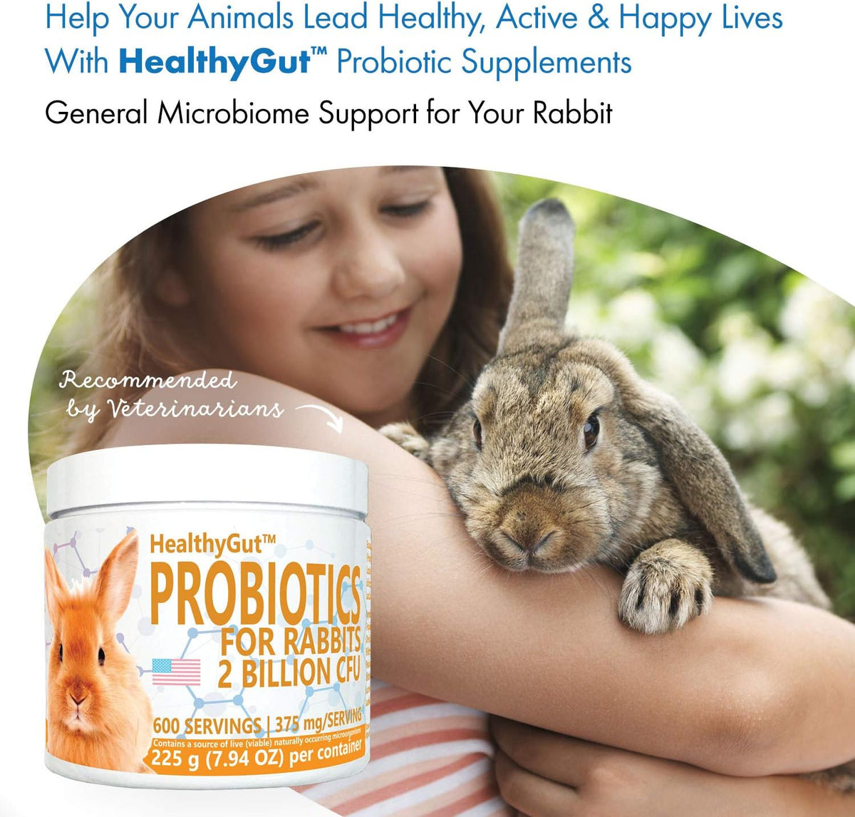 HealthyGut™ Probiotics for Rabbits Dietary Supplement, All-Natural Digestive System Formula (600 Servings)