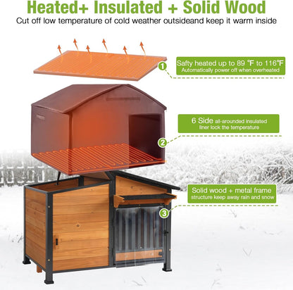 GUTINNEEN Heated Dog House Outdoor Dog Kennel with Safe Heated Pad, Chew-Proof Metal Frame and Rotating Food Bowl for Small to Medium Dogs, 39.7"x25.5"x32.2" (Dark Brown)