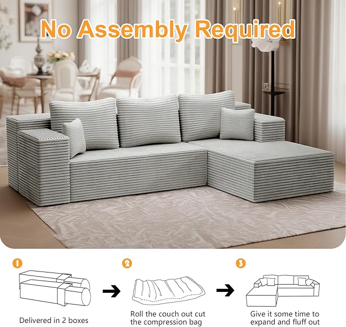 106''Boneless Couches for Living Room, L Shaped Modular Sectional Sofa with Chaise Lounge, Faux Rabbit Fur & Layered Cushion Deep Seat Cloud Couch, No Assembly (Grey, Right Facing Chaise)