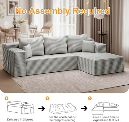 106''Boneless Couches for Living Room, L Shaped Modular Sectional Sofa with Chaise Lounge, Faux Rabbit Fur & Layered Cushion Deep Seat Cloud Couch, No Assembly (Grey, Right Facing Chaise)