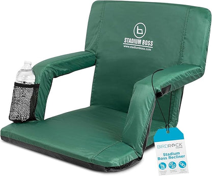 Stadium Boss Recliner Stadium Seat for Bleachers, Benches, Lawns, Backyard, Camping & Beach – Padded Sport Chair, Cushion Backs & Armrest – 6 Reclining Positions – Portable Carry Straps – Dark Green