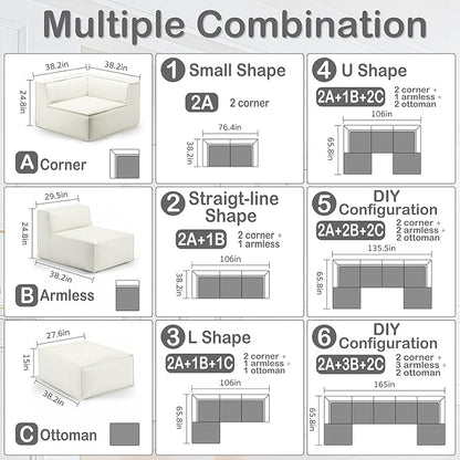 76" Sectional Compressed Sofa Modular Couches Loveseat 2 Deep Seat,High-Density Foam No Assembly Required,2-Piece(2xCorner) for Living Room Fabric Chenille Beige
