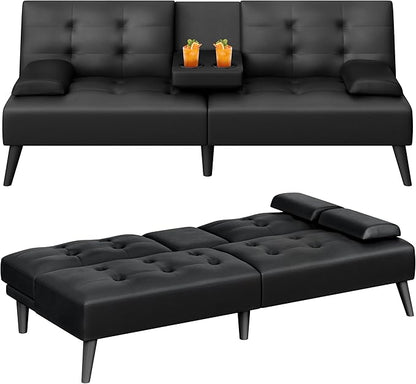 Meilocar Futon Sofa Bed Couch, Small Futon Set, Convertible Sofa Bed for Living Room Office, 2 Cup Holders, Removable Armrest, 3 Angles Backrest (PU Leather, Black)