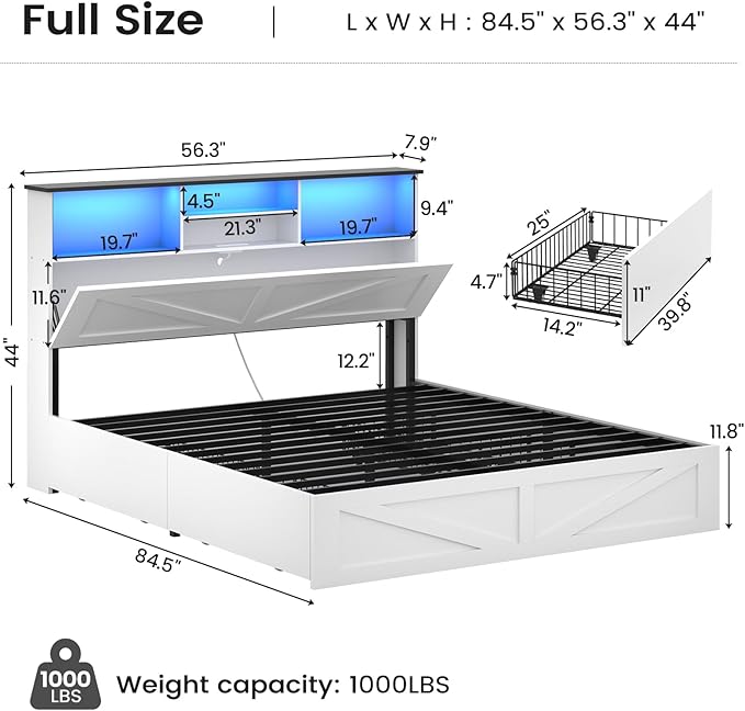 AOGLLATI Full Bed Frame with Stylish Bookcase Headboard & Charging Station & LED Lights,Full Size Bed Frame with 4 Storage Drawers, Metal Slats, No Box Spring Needed,White