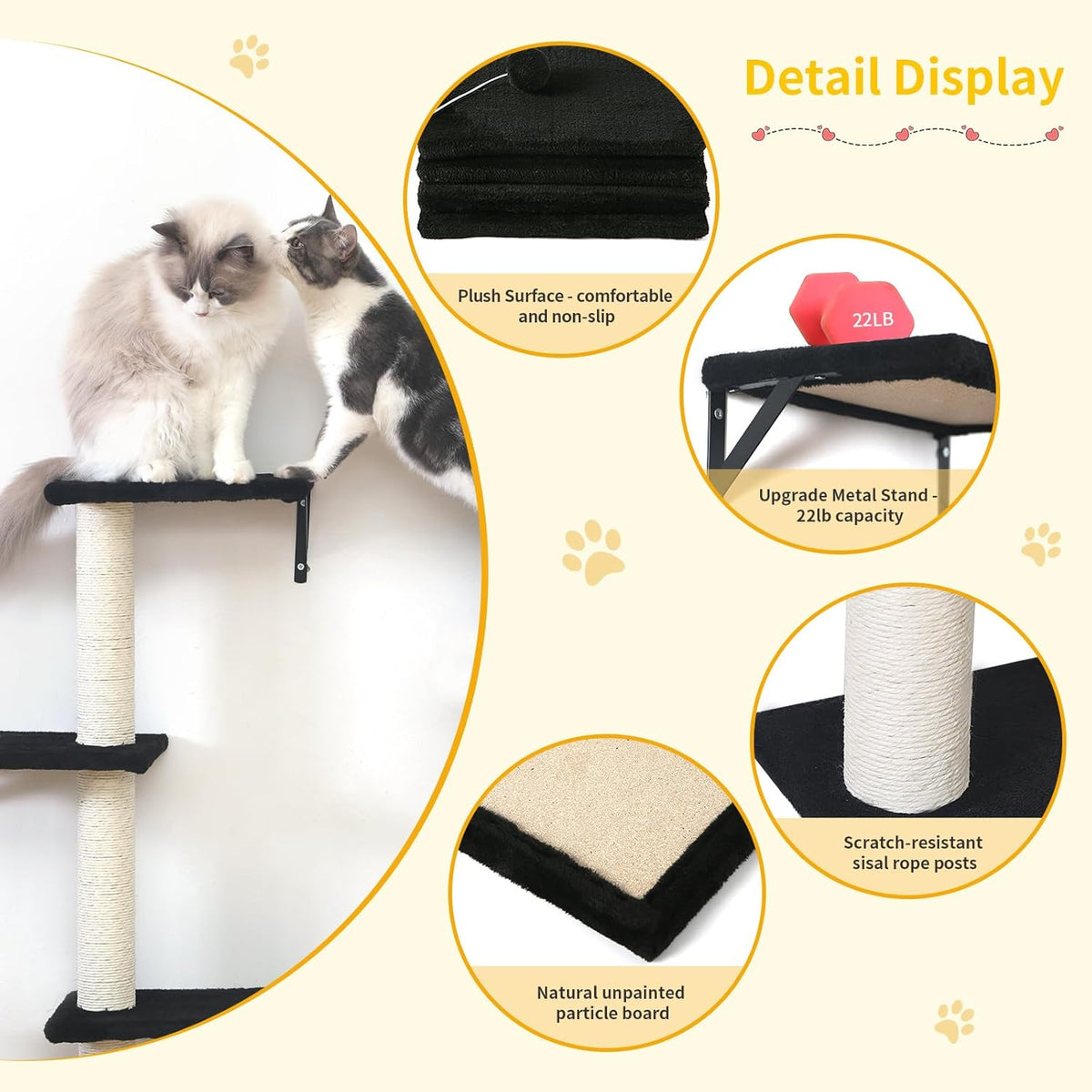 Modern Wall-Mounted Cat Furniture - 5pcs Cat Wall Shelves, Wooden Climber Includes House, Bridge, Tree, Steps, and Scratcher (Black)
