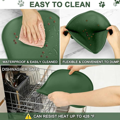 SMILOOL Waterproof Silicone Pet Food Mat with Raised Edge for Dog & Cat | 12" x 12" Non-Slip Small Pet Feeding Mats with Lip for Food & Water Bowl, Food Grade, Easy Cleaning, Dark Olive