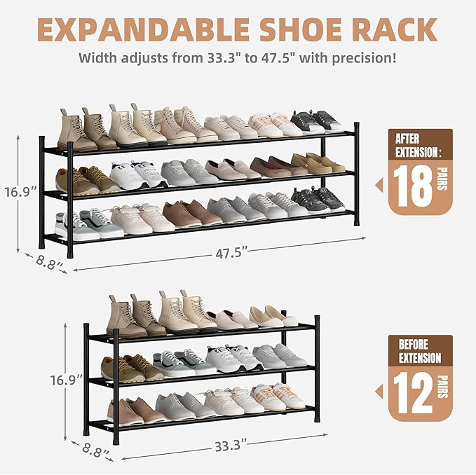 STORAGE MANIAC Long Expandable Shoe Rack, 18 Pairs Metal Wide Stackable Shoe
