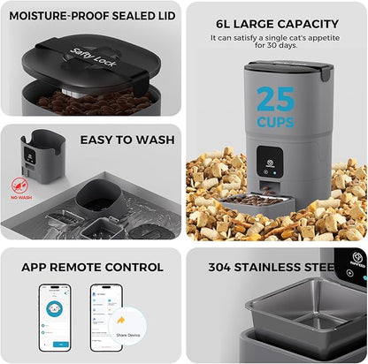 PAPIFEED Automatic Cat Feeder Upgrade, WiFi Pet Feeder with APP Control for Remote Feeding, Detachable for Easy Clean, Dual Power Supply,1-10 Meals Per Day for Multiple Pets(Gray)