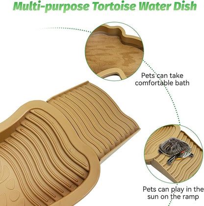 PINVNBY Large Reptile Bathing Pool Tortoise Water Dish with Removable Ramp and Leaf Reptile Food Dish & Water Bowl Tortoise Habitat Accessories for Turtle Lizard Gecko Snake (Yellow)
