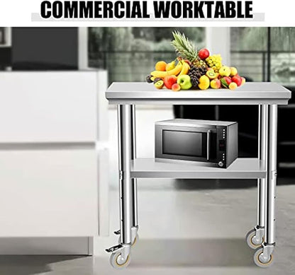 Stainless Steel Table - Metal Table Cart - Commercial Workbench with Caster Wheel - NSF Certified - for Restaurant, Warehouse, Home, Kitchen, Garage,30''x12''