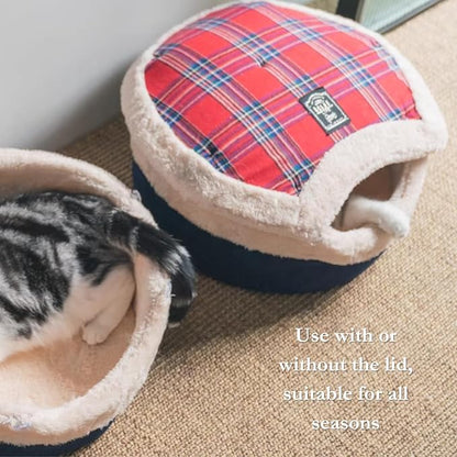 Cat Cave Bed – Plush, Warm & Calming Hideaway with Detachable Lid & Mat, Covered House for Indoor Kitten & Kitty (Brown)