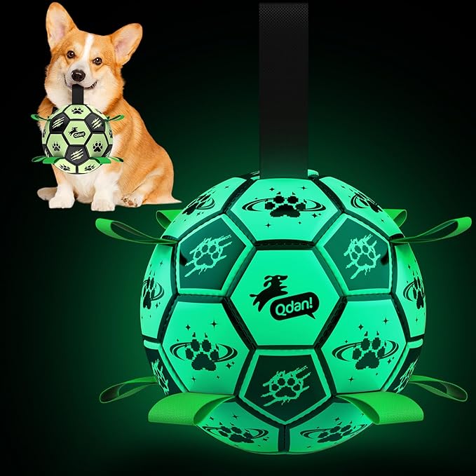 QDAN Premium Dog Ball, Glow in The Dark Dog Toys, Light Up Soccer Ball for Dogs, Outdoor Dog Toys, Doggy Water Toy, Puppy Birthday Gifts for Small Medium (6 Inch)