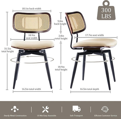 Quenvo Swivel Dining Chairs with Rattan Back, Rattan Leather Dining Chairs with Swivel Metal Legs, Mid-Century Modern Synthetic Leather Upholstered Kitchen Chair, Set of 6, Beige