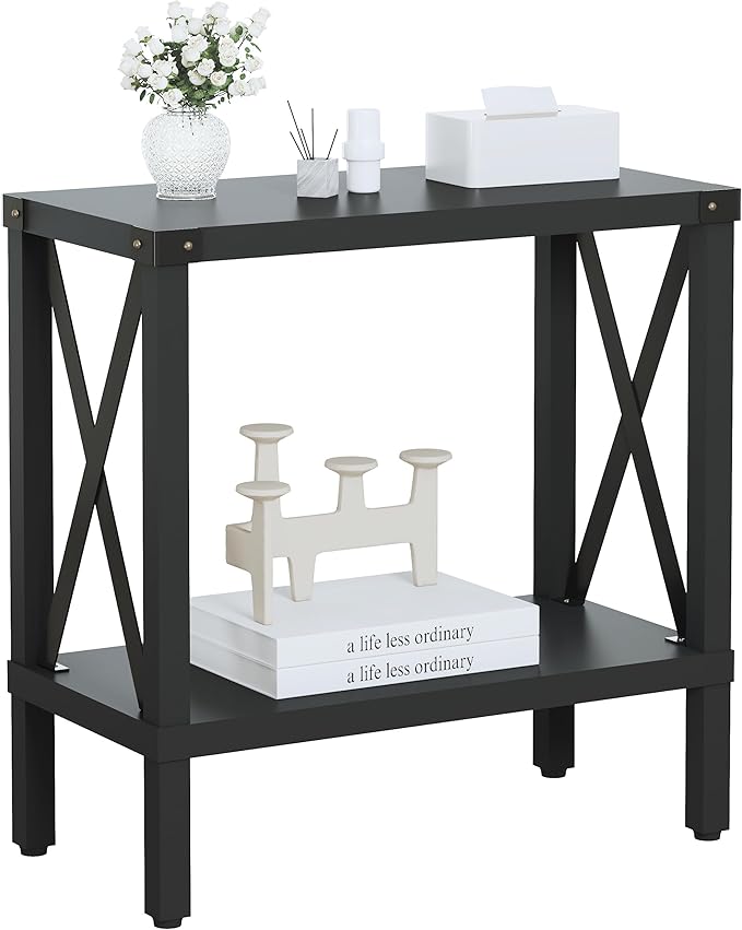 Narrow End Table, Large Sofa Side Table, Farmhouse Nightstand with Storage Shelve, Slim Bedside Table for Living, Room Bedroom, Lounge Black MLBZ17B