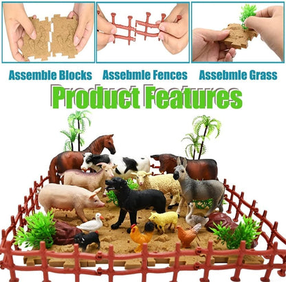 Farm Animal Figurines, Realistic Plastic Animals Toys with Fences Building Blocks, Farm Figures Playset Educational Birthday Gift for Kids & Toddlers, 53 PCS