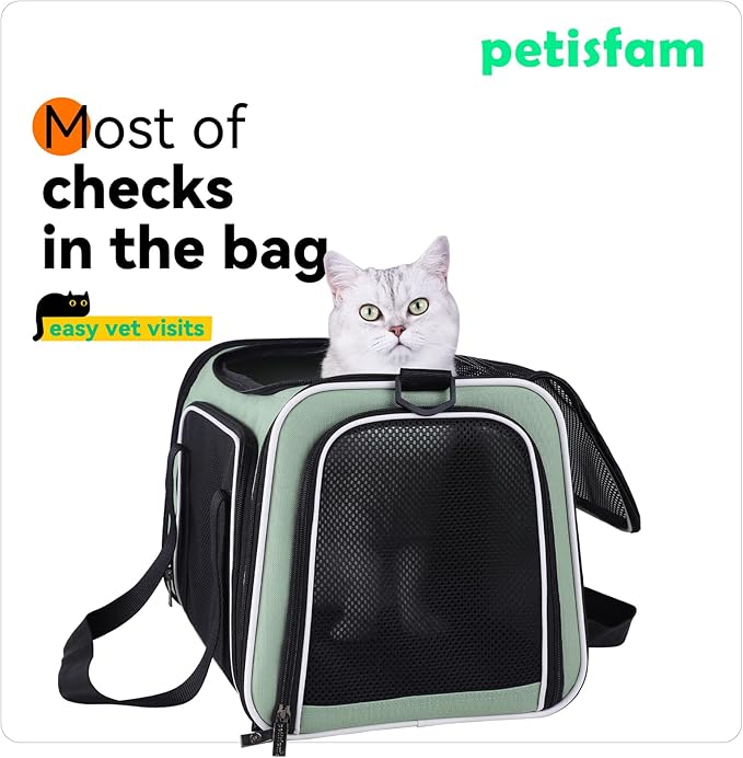 petisfam Top Load Cat Carrier for Medium Cats and Small Dogs with Washable Cozy Bed, 3 Doors and Shoulder Strap. Easy to get cat in, Easy Storage, Lightweight, Airline Approved