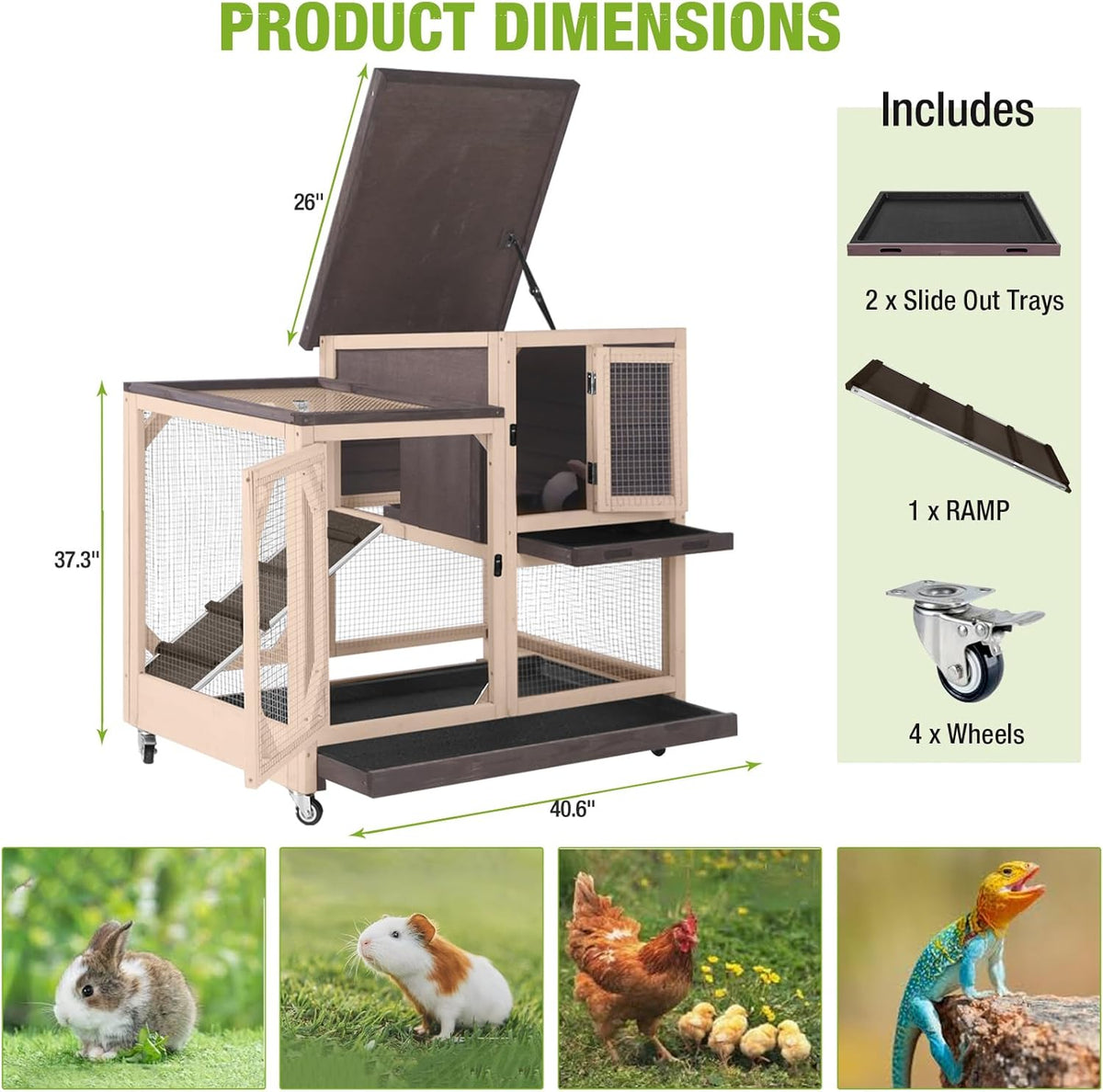 GUTINNEEN 2-Story Rabbit Hutch with Chew-Proof Ramp & Pull-Out Trays - Indoor/Outdoor 39.3" Wooden Rabbit Cage on Wheels for Rabbits, Guinea Pigs (Dark Brown)