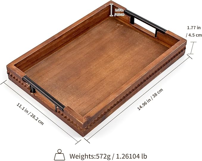 Rustic Wood Serving Tray with Handle Brown Rectangular Decorative Trays Farmhouse Charcuterie Boards Platter for Food, Fruit, and Coffee Great for Bed, Living, Coffee Table, Kitchen and Party