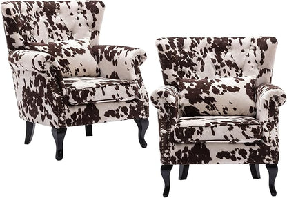 chairus Mid-Century Modern Accent Chairs Set of 2, Comfy Tufted Single Sofa Chair Wingback Armchair with Pillow for Club, Living Room, Bedroom - Velvet, Cow