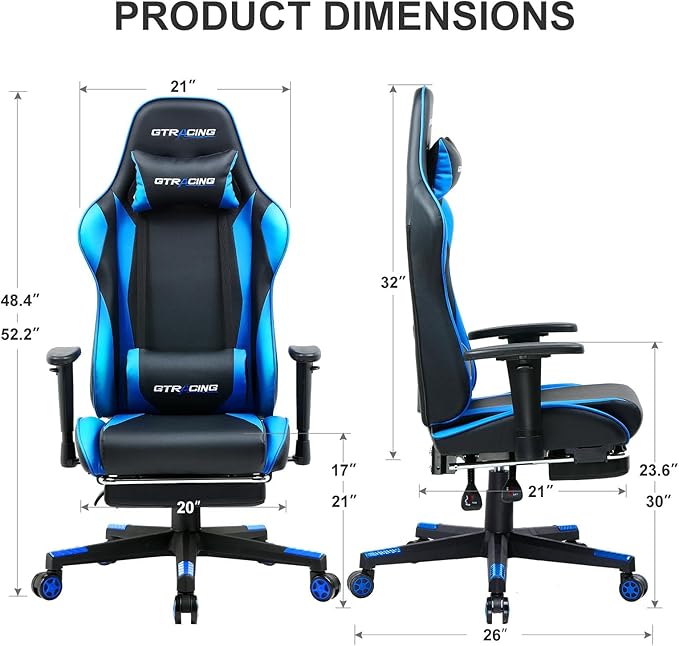GTPLAYER Gaming Chair with Footrest, Ergonomic Computer Game Desk Chair, Reclining Game Chair Seat Height Adjustment, Swivel Rocker with Headrest and Lumbar (Blue)