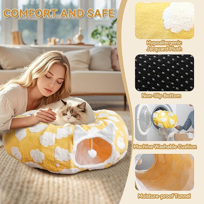 Donut Cat Tunnel Bed with 4 Peekaboo Holes, Multi-Cat Play Tube & Cozy Cave, Plush Indoor Kitten Toy Tent, Machine Washable and Collapsible