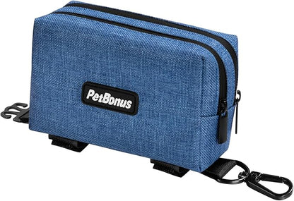 PetBonus Dog Poop Bag Holder, Portable Pet Waste Bag Dispenser, 2 Pouches for Treats and Walking Accessories, Fit All Leashes, Includes 1 Roll of Dog Poop Bags (Blue)