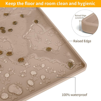 Ptlom Dog Food Mat Anti-Slip Bowl Mats for Food and Water, Waterproof Silicone Pet Placemat with High Raised Edges, Non-Slip Puppy Feeding Tray for Small, Medium Large Cats Dogs, Taupe, 11.8"x11.8"