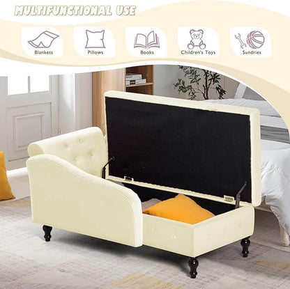 ACMEASE Upholstered Chaise Lounge with Left Armrest & Lumbar Pillow,Button Tufted Lounge Sofa with Storage,Lounge Chair Indoor,Modern Velvet Lounge Chair for Bedroom, Living Room and Office,Beige