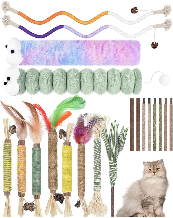 Bissap 20 PCS Silvervine Chew Sticks for Cats, Catnip Chew Ropes Cat Toys for Indoor Cat Kitten Teeth Grinding Interactive Feather Toys for Aggressive Chewers Dental Care