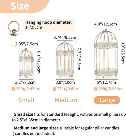 NUPTIO Decorative Bird Cage Lantern: 2 Set of 10 inch Tall Rustic White Birdcage Lanterns Centerpiece Vintage Decorating Metal Pillar Candle Holder for Christmas Bridal Shower Party Decor