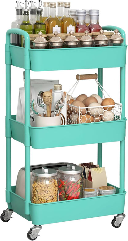 Sywhitta 3-Tier Plastic Rolling Utility Cart with Handle, Multi-Functional Storage Trolley for Office, Living Room, Kitchen, Movable Storage Organizer with Wheels, Green