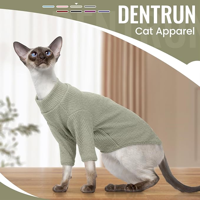 DENTRUN Sphynx Hairless Cats Shirt Pullover Kitten T-Shirts, Breathable Cat Wear Turtleneck Sweater Adorable Cat's Clothes Vest Pajamas Jumpsuit