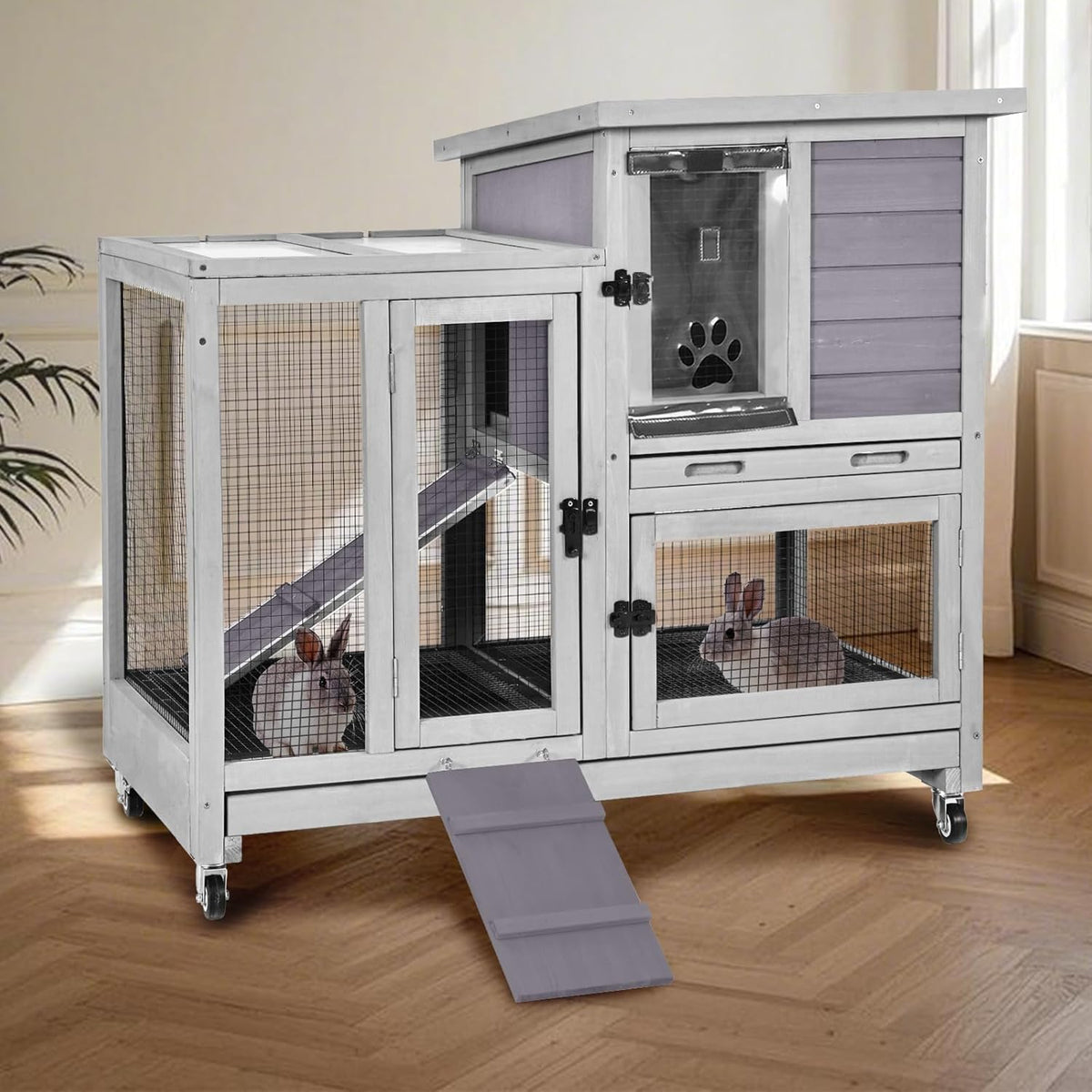 Rabbit Hutch Indoor for 2-4 Rabbits & Guinea Pigs，Bunny Cage with Slide-Out Plastic Trays，Wooden Small Animal Cage for Rabbits, Bunnies, and Guinea Pigs (Light Grey)