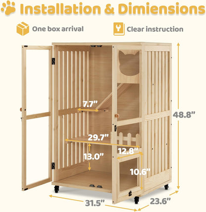 MCombo Wooden Cat Houses for Indoor Cats, Luxury Kitten House with Scratching Pad, Lockable Doors, Wheels, CT090