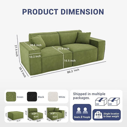 80.3" Cloud Sectional Couch, Chenille Boneless Couch 2 Seater with Deep Seats & Wide Armrests, Comfy Modular Sectional Sofa Memory Foam Compression Floor Sofa for Living Room, No Assembly Required