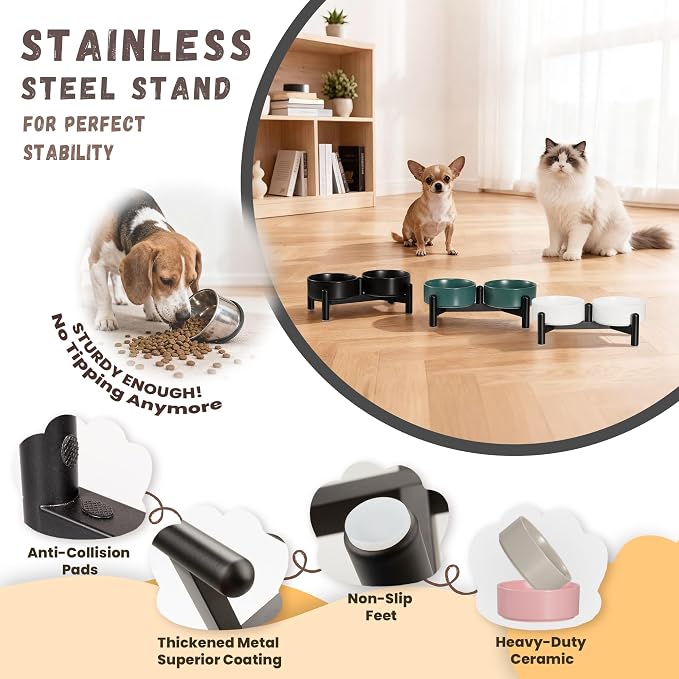 Raised Ceramic Dog Bowl Set with Stand, 1.6 Cups Elevated Dog Food Stand | 5.1'' Double Dog Food and Water Bowl Set, Non-Slip Dog Feeding Dishes for Small Breeds and Cats, 10.8 OZ, Pink