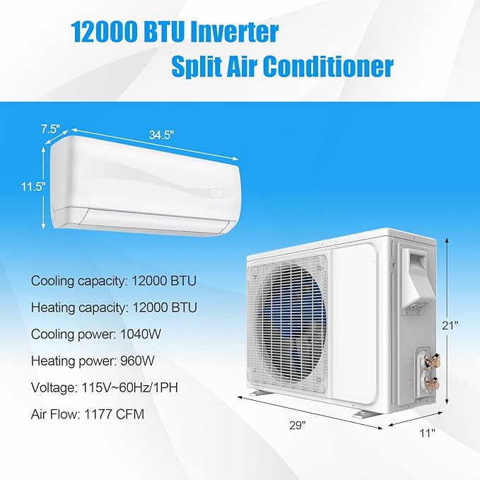 RELAX4LIFE Mini Split Ac/Heating System, 12000 BTU Ductless Mini Split Air