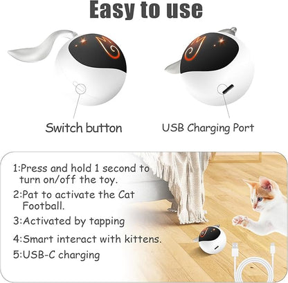 Migipaws Interactive Cat Ball Toy Set, Fun Tracker, Automatic Rolling Chase Ball with Fluffy Tail, A Small Mice, Rechargeable (White)