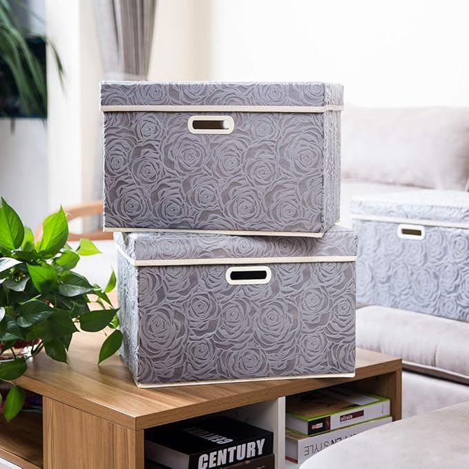 PRANDOM Larger Collapsible Storage Box with Lid [1-Pack] Fabric Decorative Storage Bin Cube Organizer Container Basket with Cover Handles for Bedroom Closet Living Room Gray 17.7x11.8x11.8 Inch