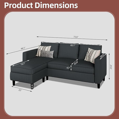 JAMFLY Sectional Sofa Couch Convertible L Shaped Sofas with Ottoman Small Sectional Couches for Living Room, 3 Seater Couch for Small Spaces, Dark Grey