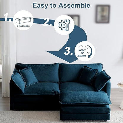 KIVENJAJA Chenille L-Shaped Modular Sectional Sofa, Modern Loveseat Comfy Deep Seat Cloud Couch with Ottoman/Chaise & 4 Pillows for Living Room Office Apartment, 76.7" W, Blue