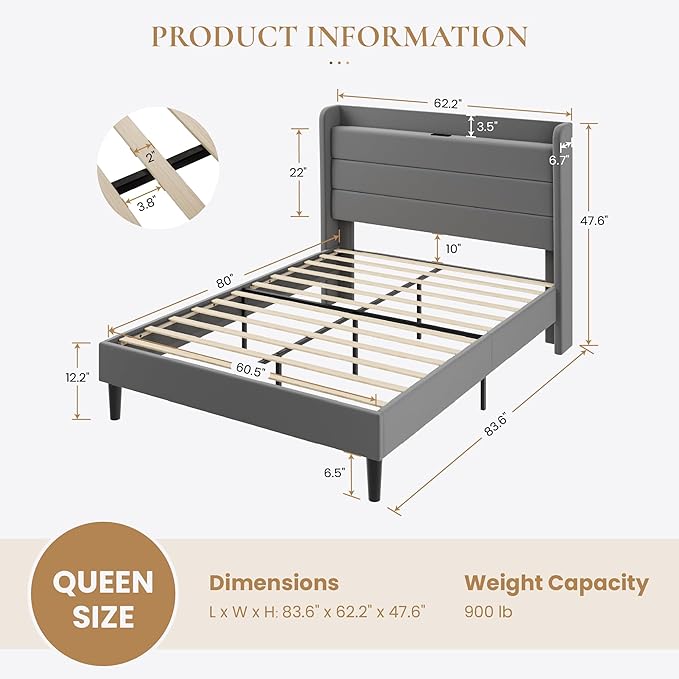 SHA CERLIN Queen Bed Frame with Charging Station, Velvet Upholstered Platform Bed, Wingback Storage Headboard, Type-C & USB Ports, Strong Wooden Slats, No Box Spring Needed, Easy Assembly, Grey