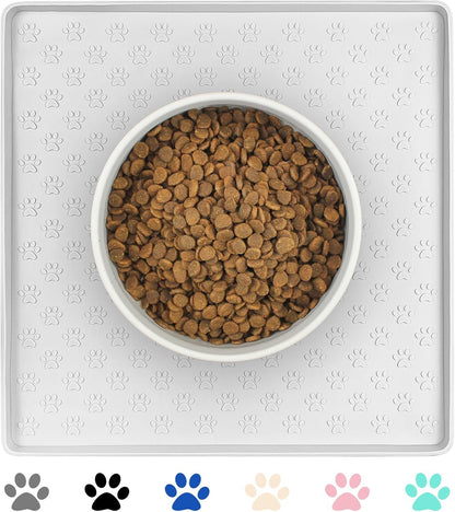 Ptlom Pet Placemat for Dog and Cat, Waterproof Silicone Pet Feeding Bowl Mats for Food and Water, Small Medium Large Dogs Mat Prevent Residues from Spilling to Floor, White, 11.8"x11.8"
