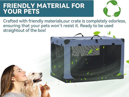 PETSFIT 36" Soft Portable Dog Crate – Patented Spiral Sturdy Frame, Collapsible Travel Kennel for Medium & Large Dogs, 3 Mesh Door, Lockable Zippers, Indoor & Car Use Blue